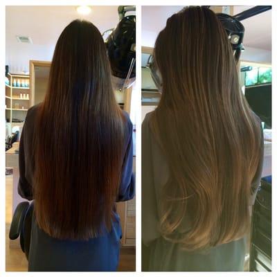 My client Toni's hair before and after highlights and treatment