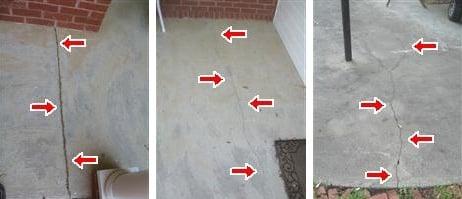 Example  of a minor problem that could get worse if it isn't fixed now. There are settlement cracks in the porch concrete floors. The cra