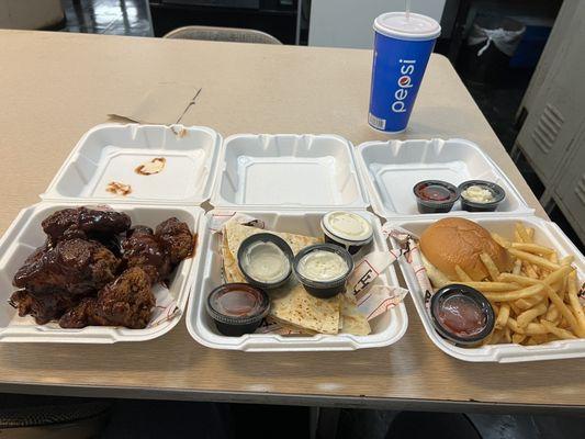 BBQ Chicken Wings, steak quesadilla, and cheese burger with fries