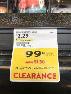 Wow! Grabbing the last 2 salmon spinach burgers for $.99 each!