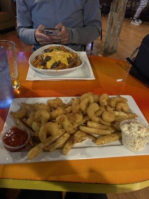 Shrimp with fries and steak nachos