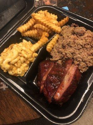 Ribs and BBQ combo plate with fries and Mac & cheese