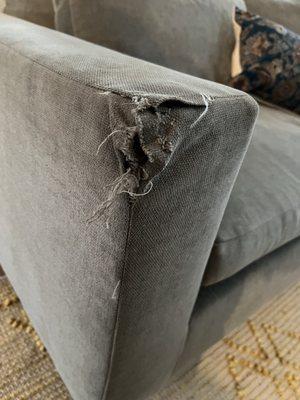 West Elm couch with torn corner