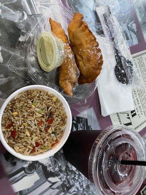 Chicken Empanadas, stir fry rice , Chicha Morada Juice