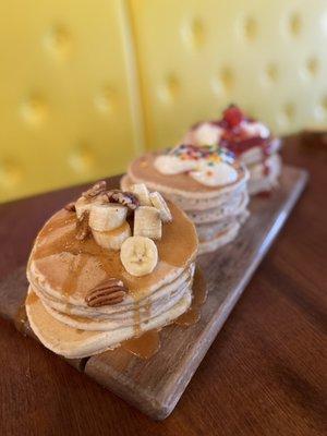 Pancake flight - salted caramel, birthday cake, strawberry n cream