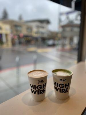 Oatmeal Latte (left) and Matcha Latte with the view