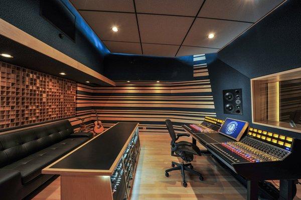 Side view of our 400sq ft control room designed from the ground up by architectural acoustic mastermind Wes Lachot.