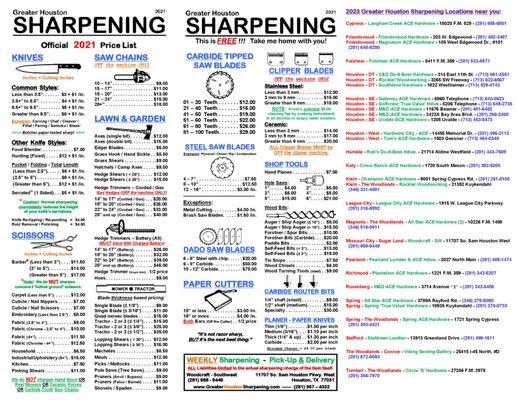 Greater Houston Sharpening @ Woodcraft - Southwest official 2023 GHS Price List or see our site for the PDF download to you.