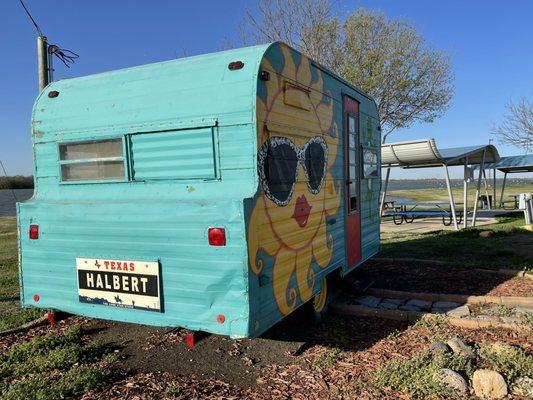 Colorful trailer at the camping area