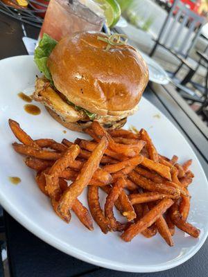 Honeycomb Chicken Sandwich and Sweet Potato Fries