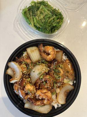 Seaweed salad + shrimp teriyaki don