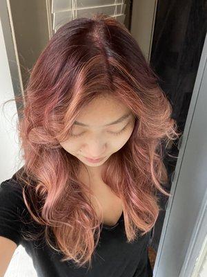 Dark red / Rose gold balayage on layered hair