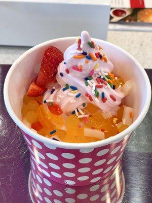 $0.54 per oz. Strawberry froyo. Yellow pop bubbles taste better than the pink pops