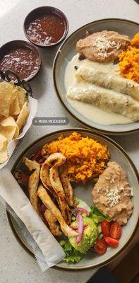 Steak enchiladas and chicken fajitas