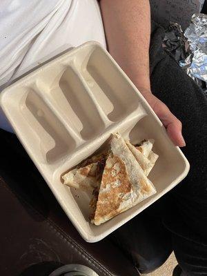 I ordered sides with my quesadilla and it came with none. The quesadilla portion was the smallest it has ever been before.