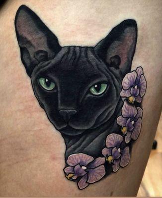 By Anthony Pereira neo traditional Sphinx cat and orchids color portrait tattoo