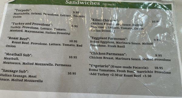 Sandwich menu