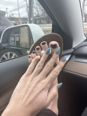 Completed pedicure, 2 week old manicure that they refused to do