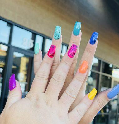 Full set done by Jennifer, rainbow nails, multiple colors, pride event