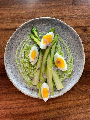 Asparagus, green garlic, buttermilk, soft boiled egg