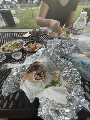 GYRO WRAP, Grilled shrimp kabob, Hummus, Mediterranean Salad