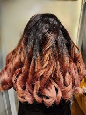 Rose gold hair (by Desiree Vargas) in indoor lighting (home)