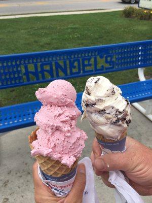 Strawberry and oree-dough in waffle cones.