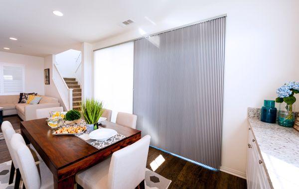 Norman Portrait Honeycomb Shades, patio door verticals. Best for Kids certified.