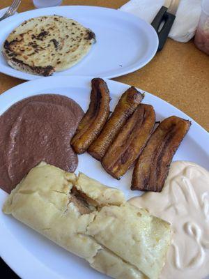 Pupusa tamal plantain combo