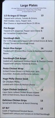 The second page of the three-page food menu highlights "Large Plates" and starts off the "GT Burger."