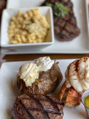 Surf and Turf (6 oz. Filet and 6 oz. Lobster Tail) with Baked Potato. 16 oz. NY Strip with Macaroni and Cheese