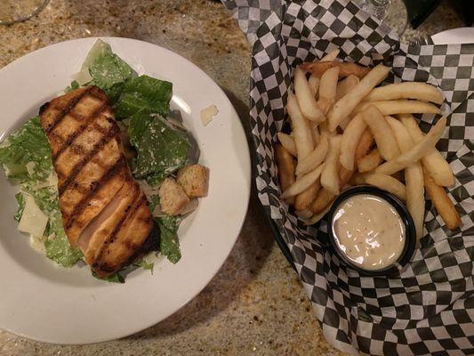 Caesar Salad with Salmon + Side of Garlic Fries.