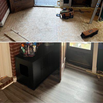 Before and after repairing water and termite damaged subfloor and joists, after installing Laminate flooring