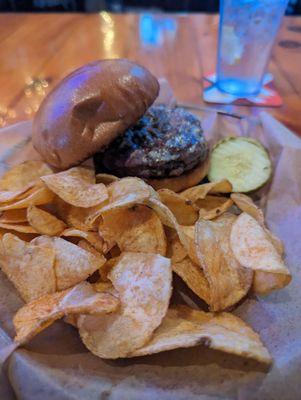 Black and Blue Burger with homemade chips