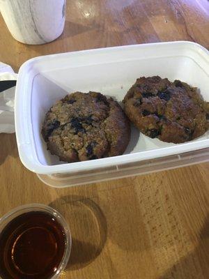 Breakfast- gluten free oatmeal pancakes with banana and mixed berries served with organic pure maple syrup