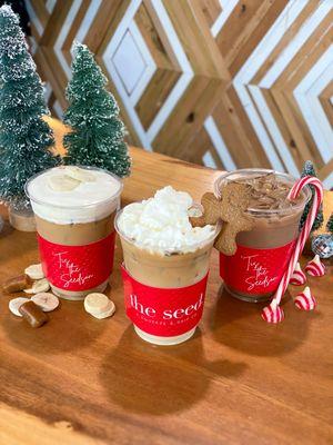 Banana Foster Latte, Gingerbread Latte, Peppermint Mocha Latte