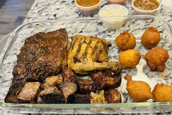 The meat for two with only 3 hush puppies we got 4 each on our platters so I had them leftover and added to the dish luckily.