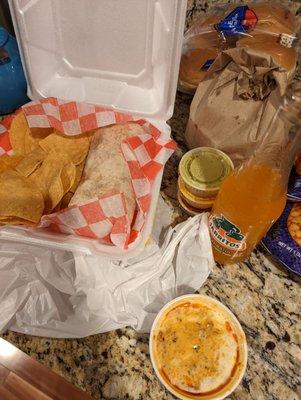 Burrito, chips, and choriqueso