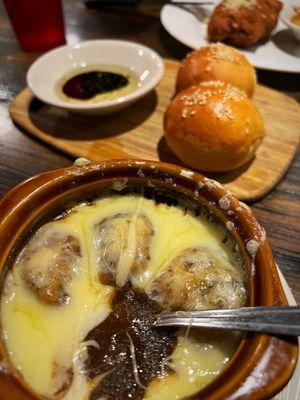 French Onion Soup and Rolls