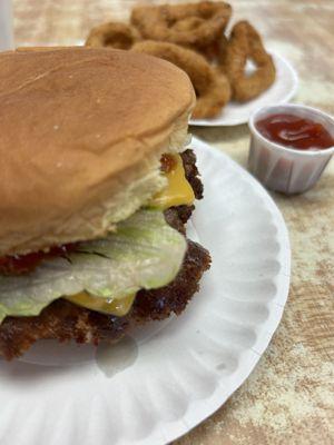 Double cheeseburger and onion rings