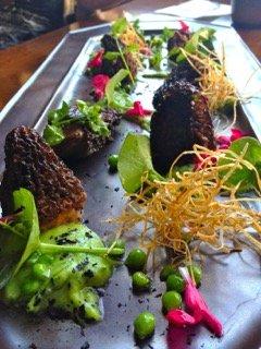 Stuffed Morels with Peas, Miner's Lettuce, and Crispy Leeks