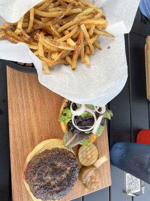 Elk burger with  basket of fries