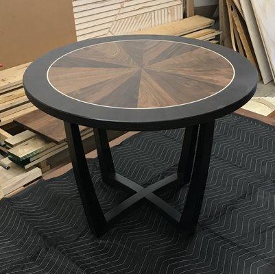 Walnut, Wenge and Maple Sunburst-style side table.