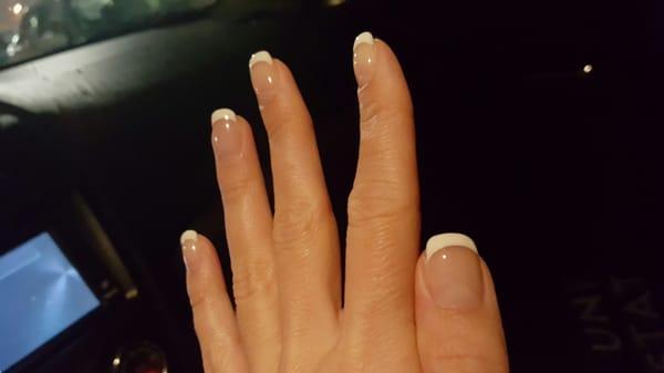 French Gel polish, my thumb nail is acrylic bc I had broken it off very short. It blends in with the rest!