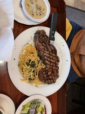 Ribeye steak with linguini and mushroom soup