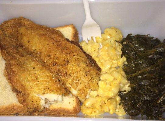 Swai (a type of catfish), Mac n Cheese, Collards, STUPENDOUS!