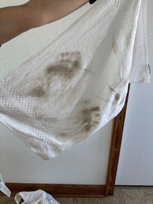 What a white towel looked like after wiping up a little spilled water right after arrival (kitchen)