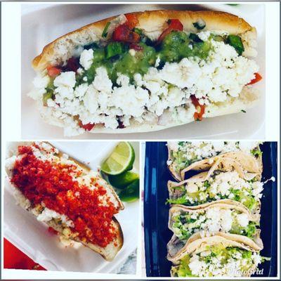 Bandito hotdog, Elote hotdog and Carnitas tacos