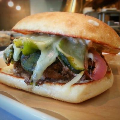 The #heisenburger is a frequent special burger with whole roasted poblano peppers, toasted cumin mayo, fire roasted onions.