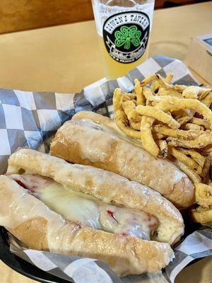 Meatball sub and onion rings.